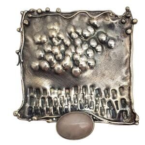 Brutalist Sterling Silver Brooch Pink Quartz Modernist Artisan 925 Face Abstract